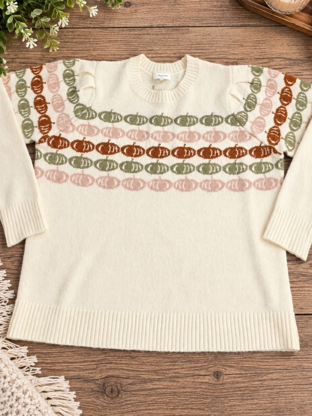 Maurices Cream Crewneck Sweater with Pink, Olive & Rust Pattern